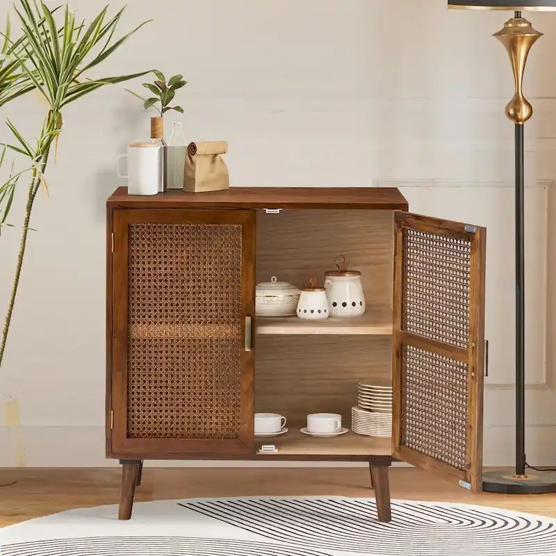 2-Door Rattan Accent Cabinet with Shelves