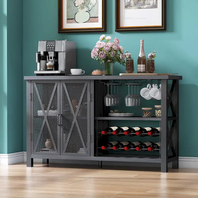 Buffet Bar Cabinet with Wine Rack - Modern Sideboard, Grey/Brown