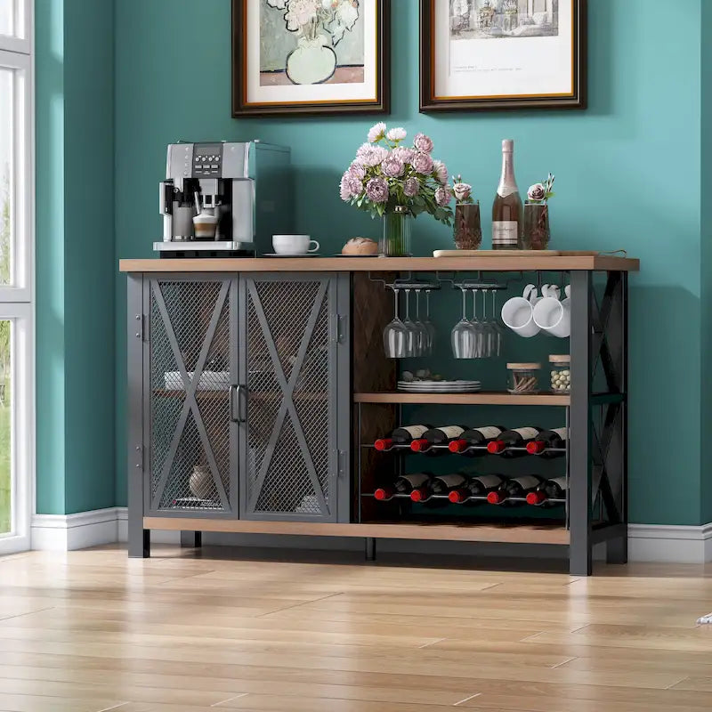 Buffet Bar Cabinet with Wine Rack - Modern Sideboard, Grey/Brown