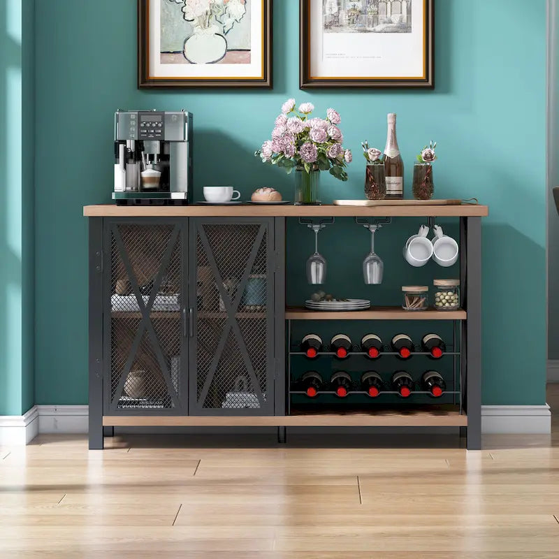 Buffet Bar Cabinet with Wine Rack - Modern Sideboard, Grey/Brown