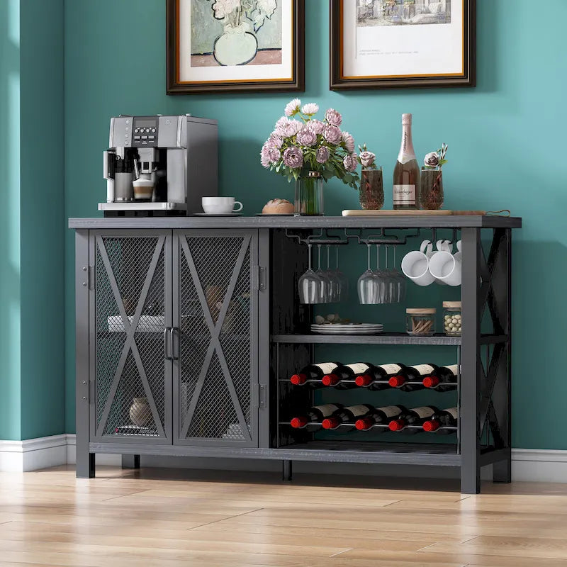Buffet Bar Cabinet with Wine Rack - Modern Sideboard, Grey/Brown