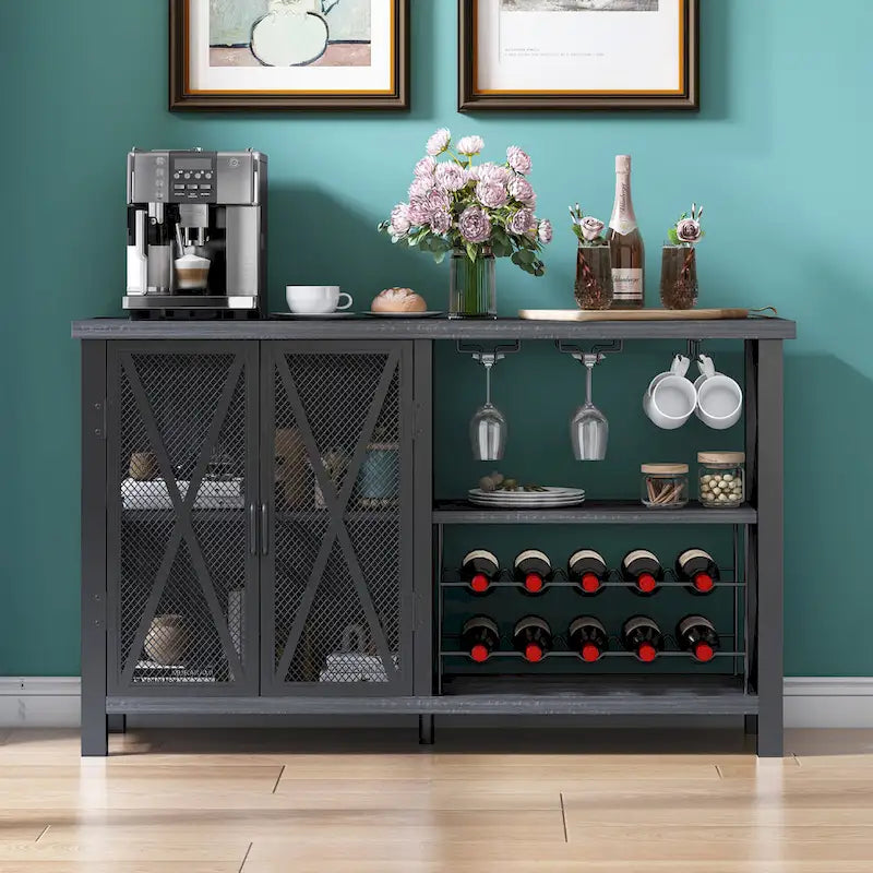 Buffet Bar Cabinet with Wine Rack - Modern Sideboard, Grey/Brown