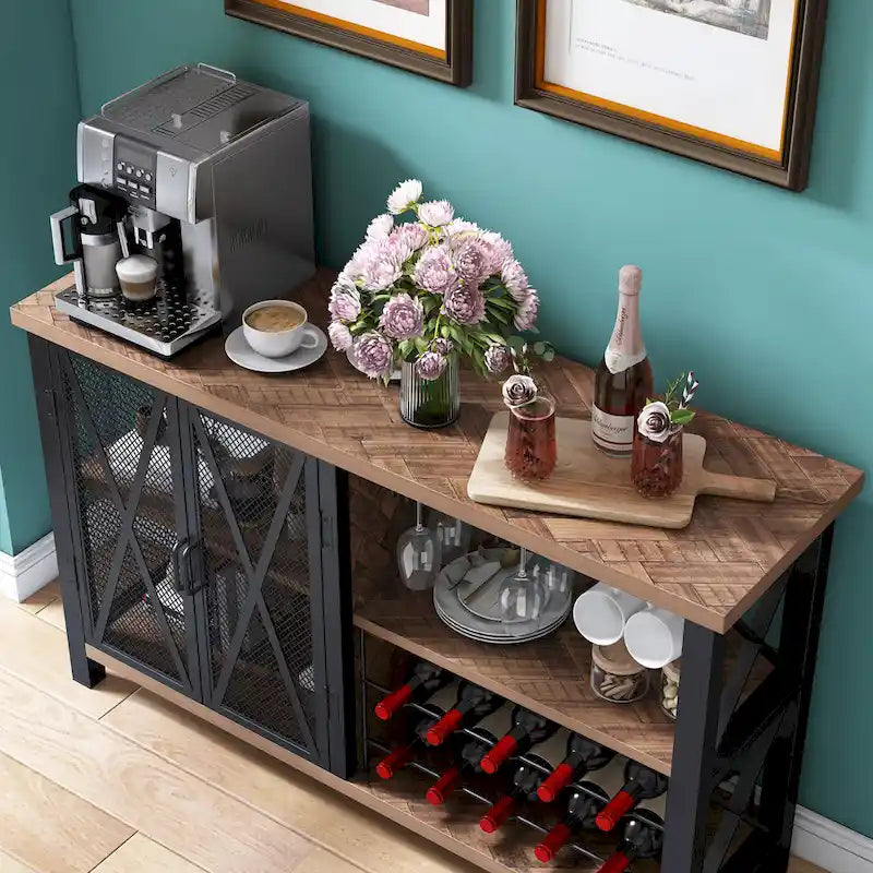 Buffet Bar Cabinet with Wine Rack - Modern Sideboard, Grey/Brown
