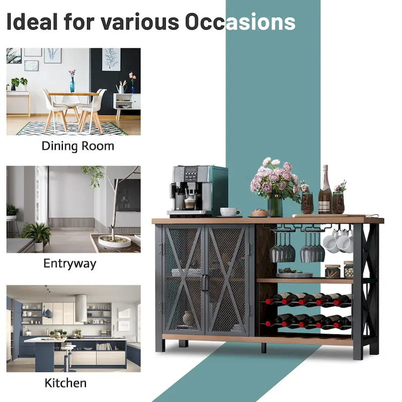 Buffet Bar Cabinet with Wine Rack - Modern Sideboard, Grey/Brown