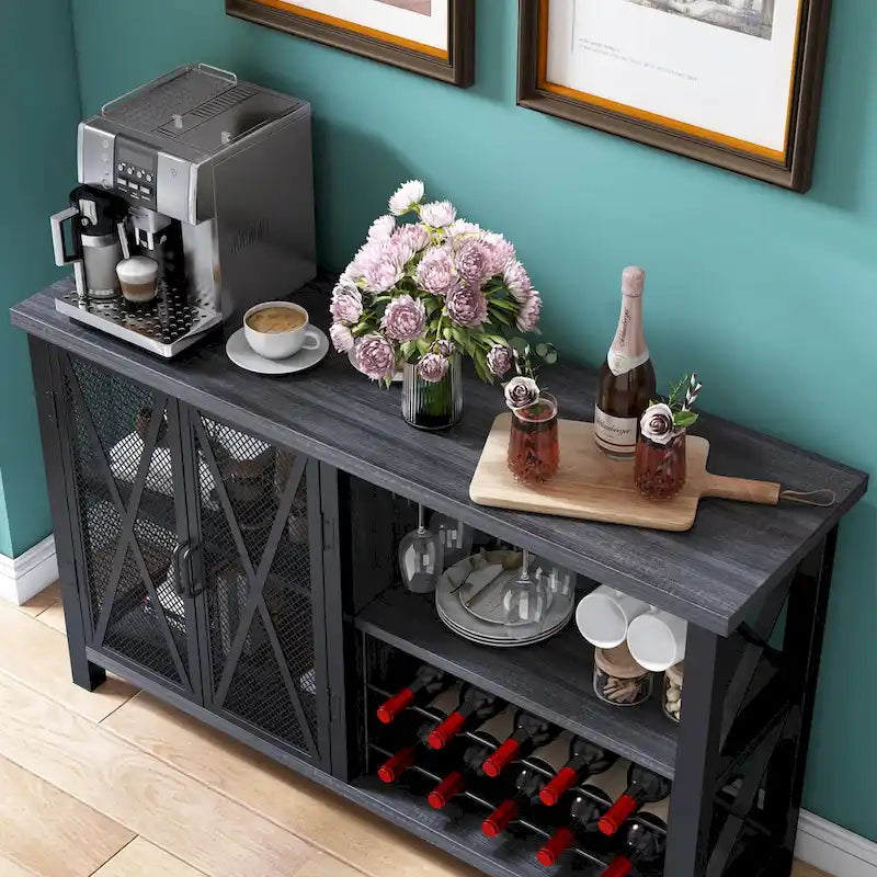 Buffet Bar Cabinet with Wine Rack - Modern Sideboard, Grey/Brown