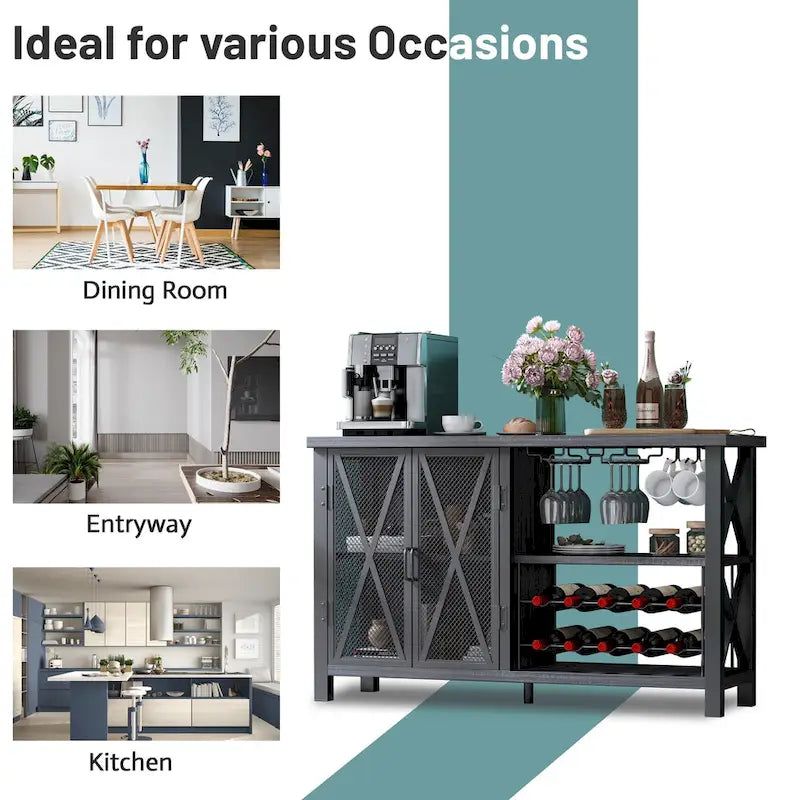 Buffet Bar Cabinet with Wine Rack - Modern Sideboard, Grey/Brown