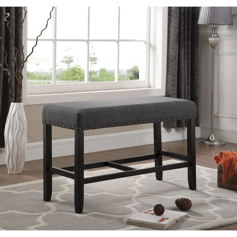 Blue Fabric Pub-Height 25.5" Dining Bench with Nailhead Trim