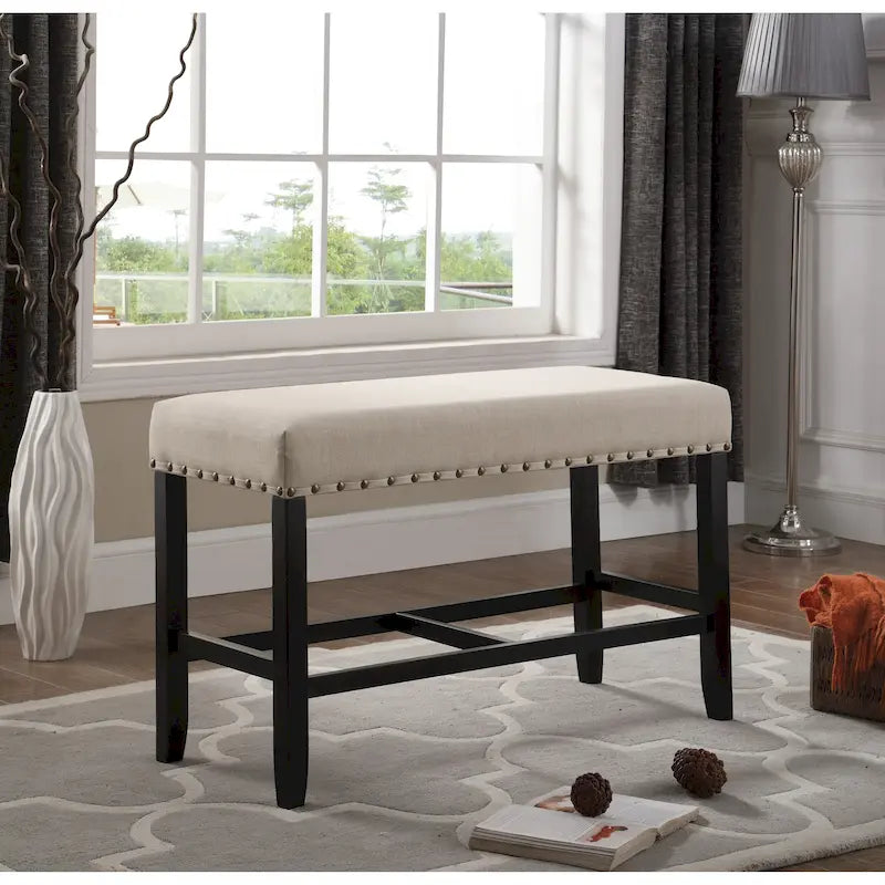Blue Fabric Pub-Height 25.5" Dining Bench with Nailhead Trim