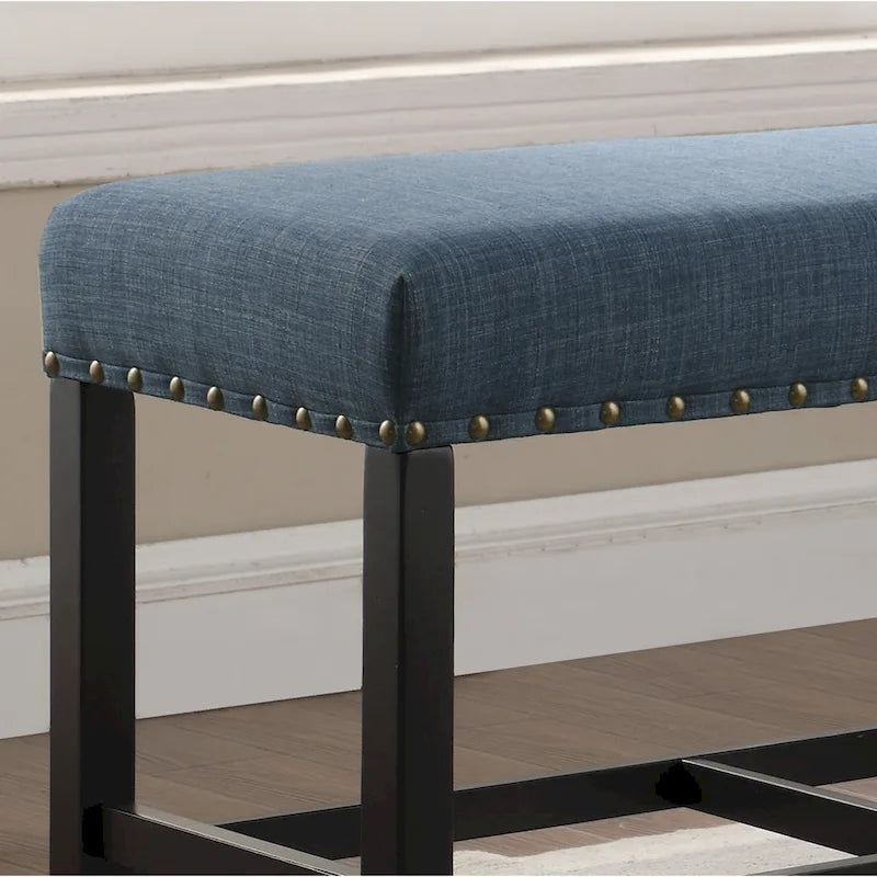 Blue Fabric Pub-Height 25.5" Dining Bench with Nailhead Trim
