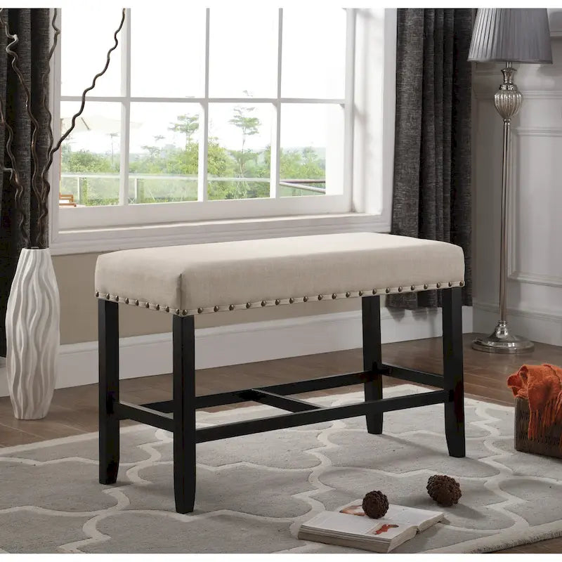 Blue Fabric Pub-Height 25.5" Dining Bench with Nailhead Trim