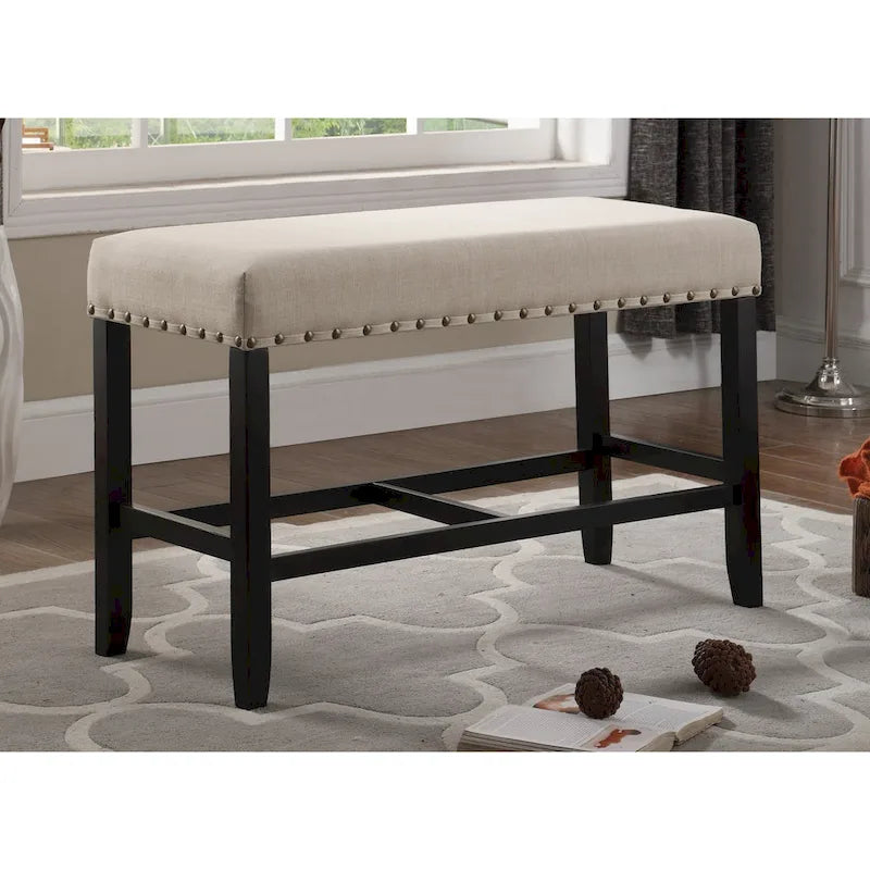 Blue Fabric Pub-Height 25.5" Dining Bench with Nailhead Trim