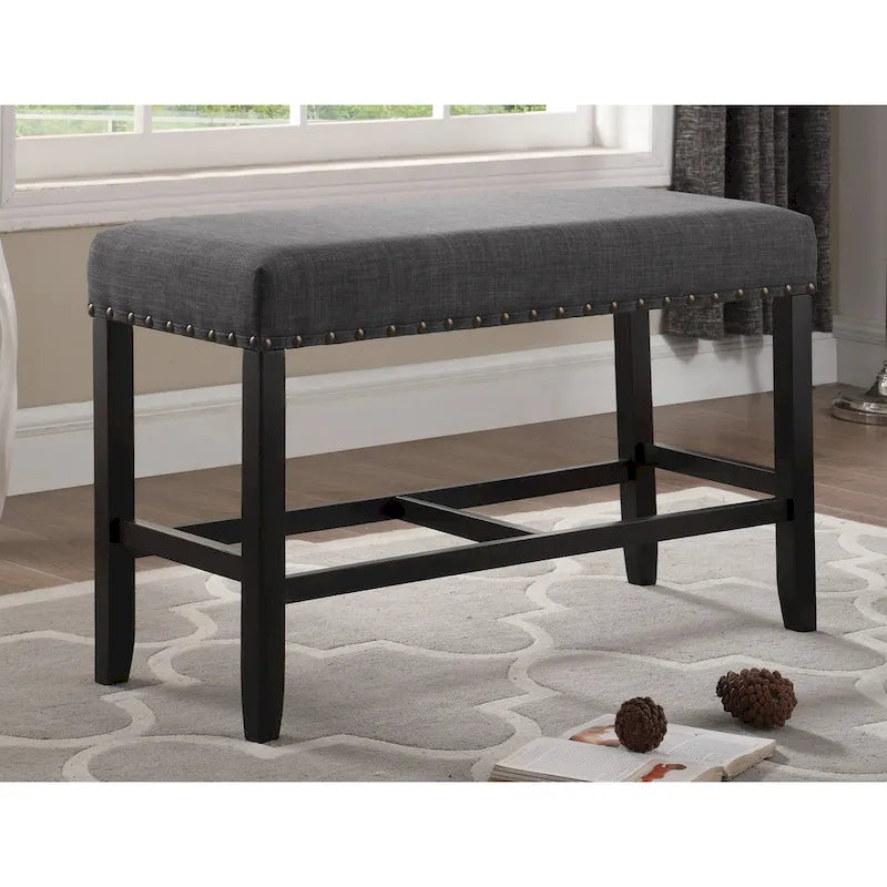 Blue Fabric Pub-Height 25.5" Dining Bench with Nailhead Trim