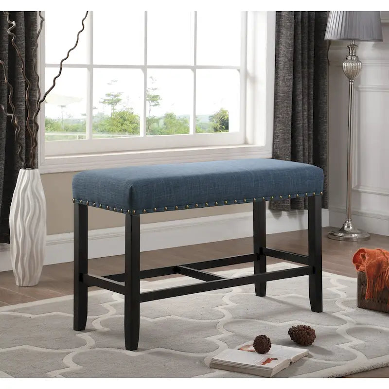 Blue Fabric Pub-Height 25.5" Dining Bench with Nailhead Trim