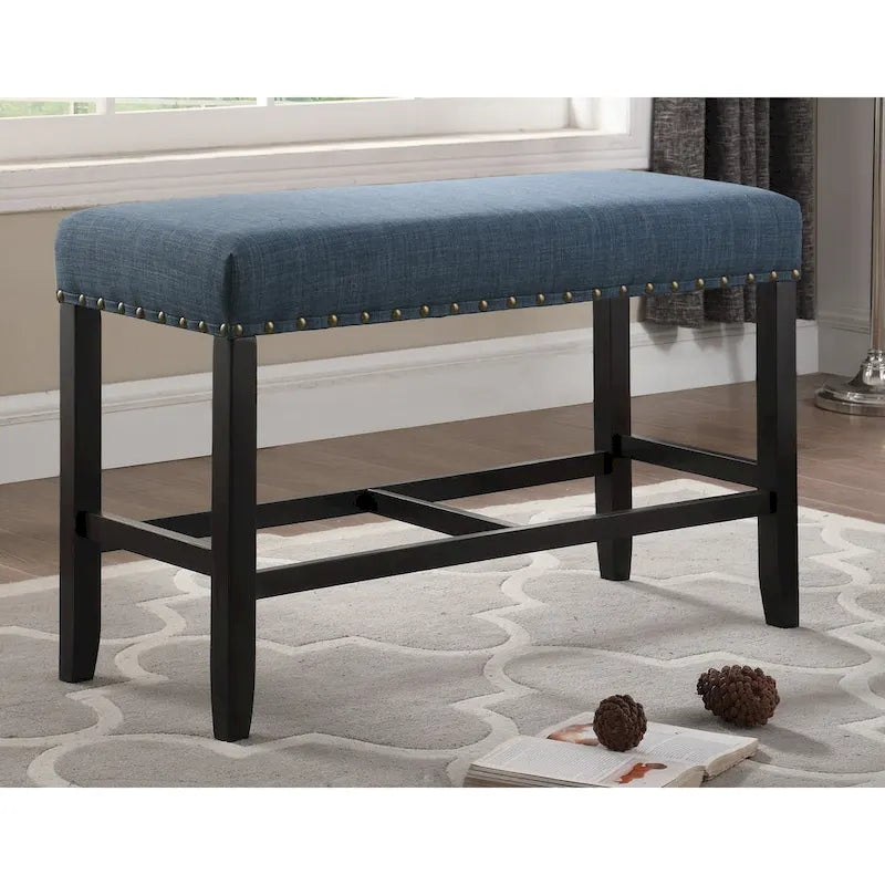 Blue Fabric Pub-Height 25.5" Dining Bench with Nailhead Trim