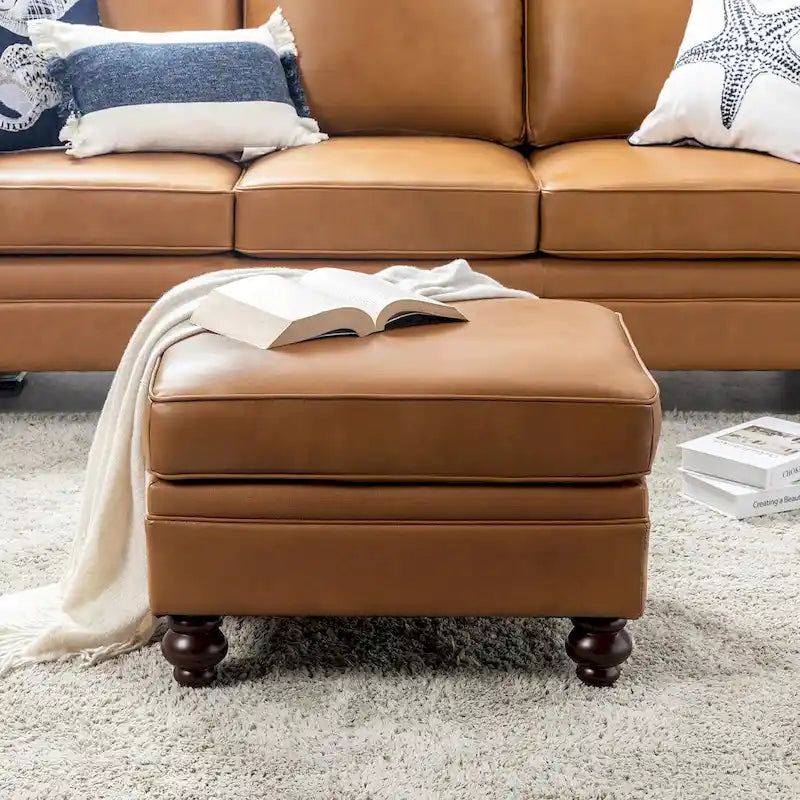 Mid-Century Modern Genuine Leather Ottoman - Water Resistant