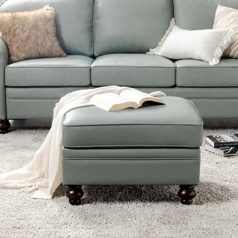 Mid-Century Modern Genuine Leather Ottoman - Water Resistant