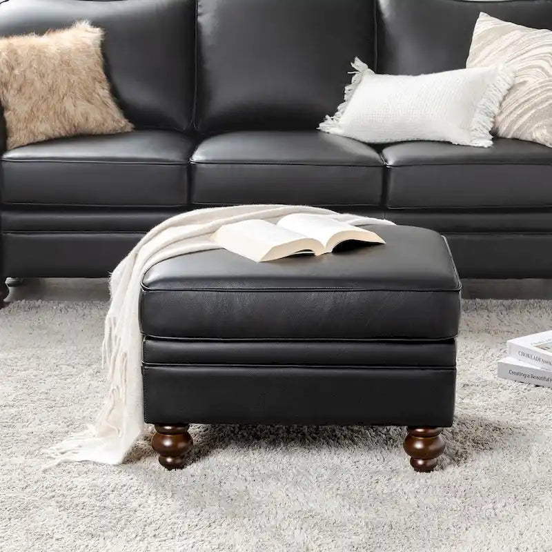 Mid-Century Modern Genuine Leather Ottoman - Water Resistant