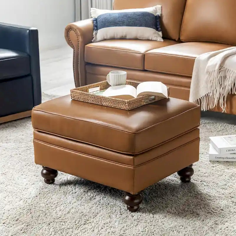 Mid-Century Modern Genuine Leather Ottoman - Water Resistant