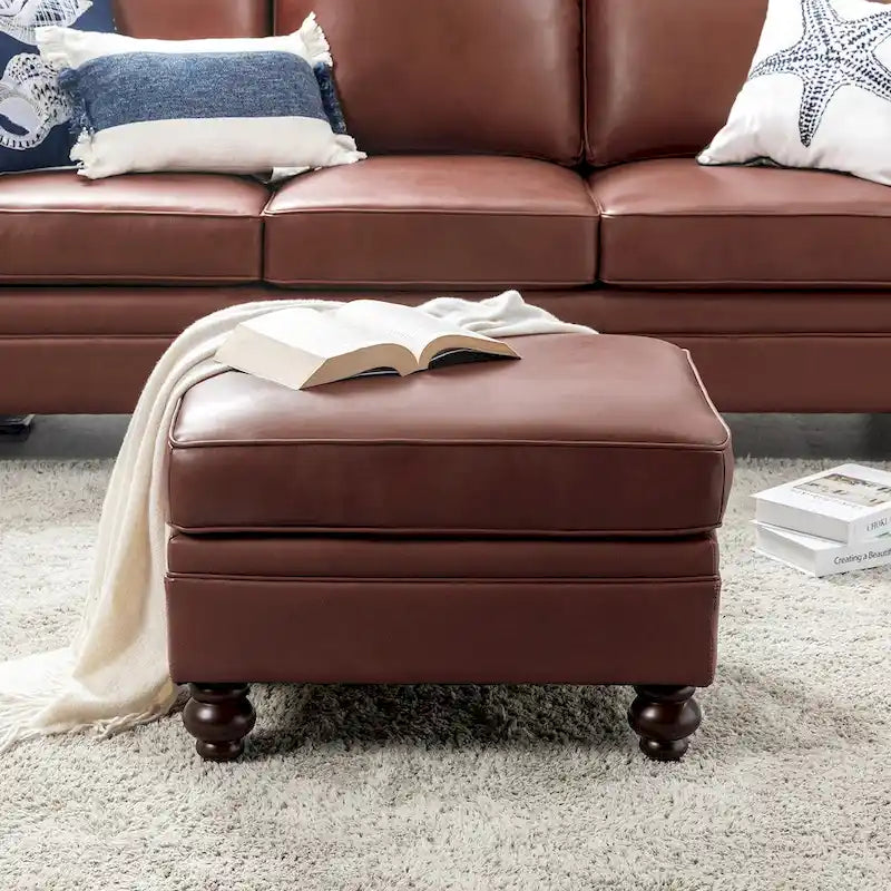 Mid-Century Modern Genuine Leather Ottoman - Water Resistant
