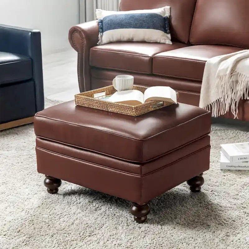 Mid-Century Modern Genuine Leather Ottoman - Water Resistant