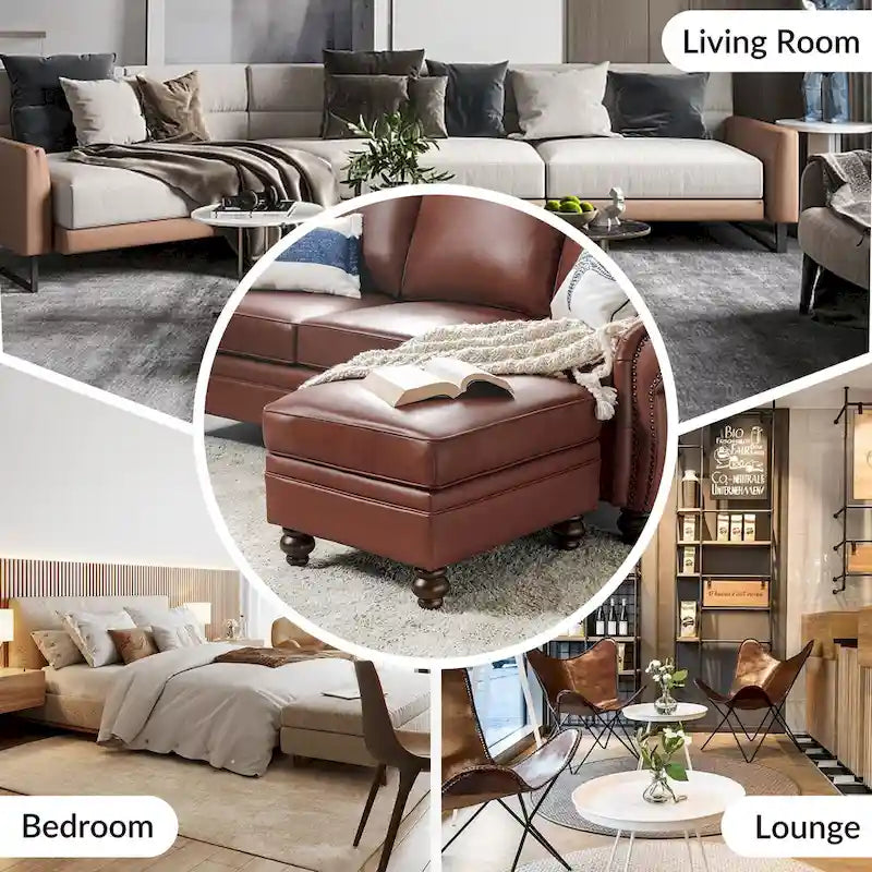 Mid-Century Modern Genuine Leather Ottoman - Water Resistant
