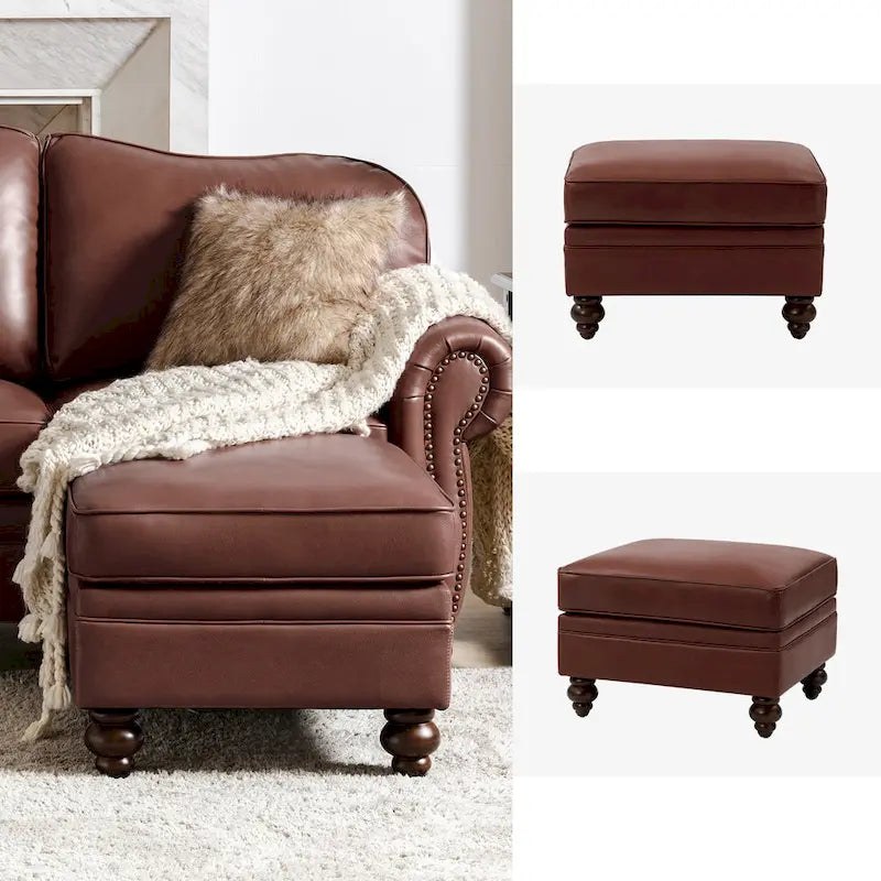Mid-Century Modern Genuine Leather Ottoman - Water Resistant