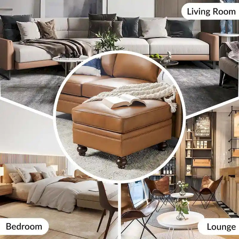 Mid-Century Modern Genuine Leather Ottoman - Water Resistant