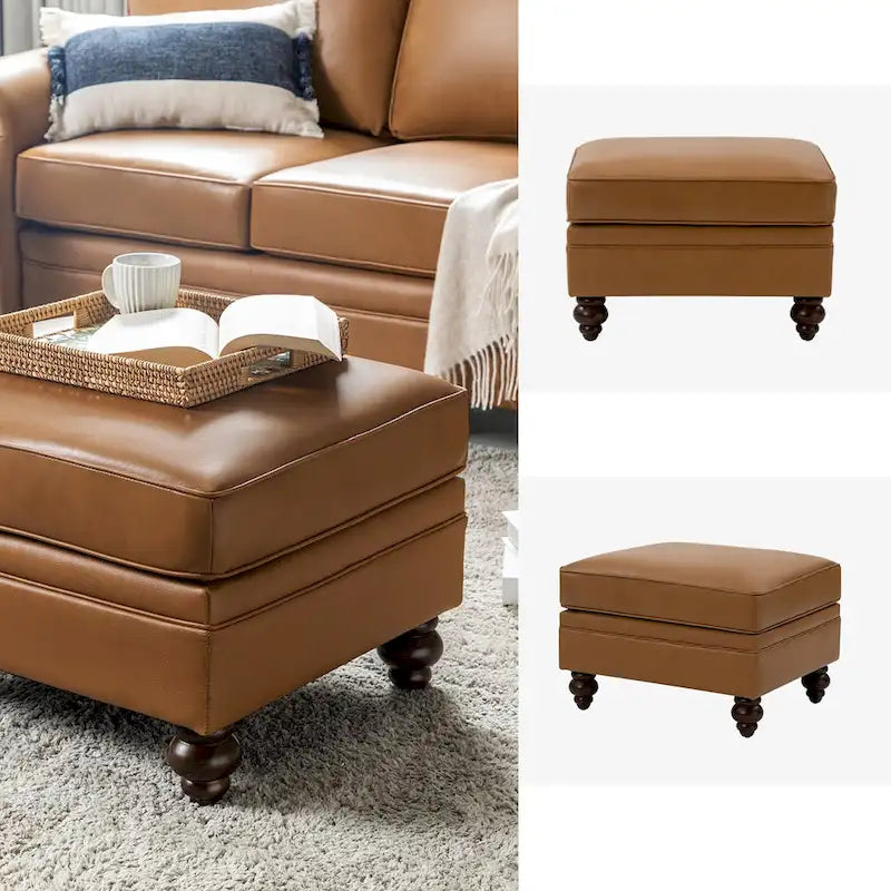 Mid-Century Modern Genuine Leather Ottoman - Water Resistant