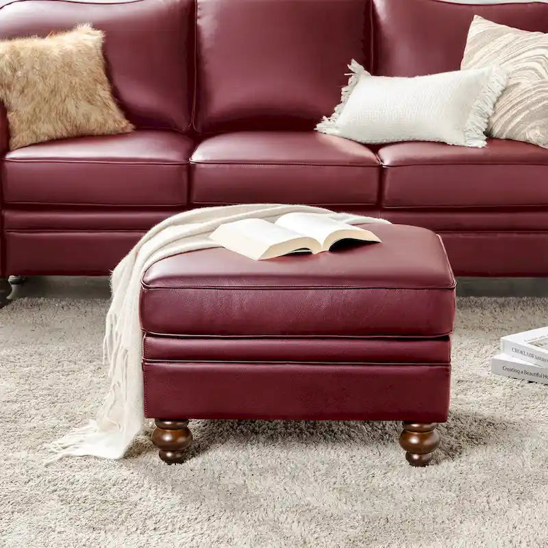 Mid-Century Modern Genuine Leather Ottoman - Water Resistant