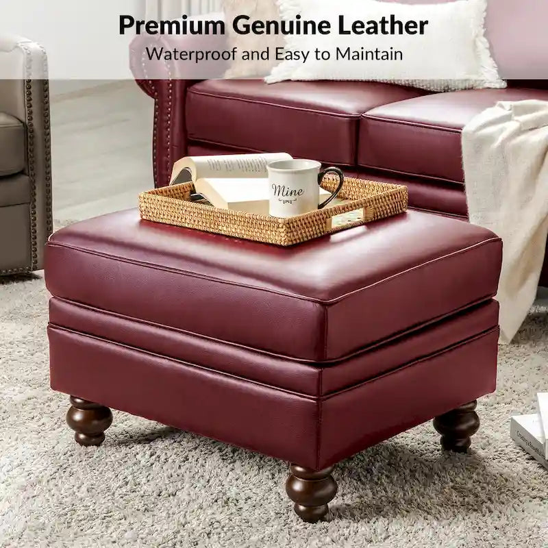 Mid-Century Modern Genuine Leather Ottoman - Water Resistant