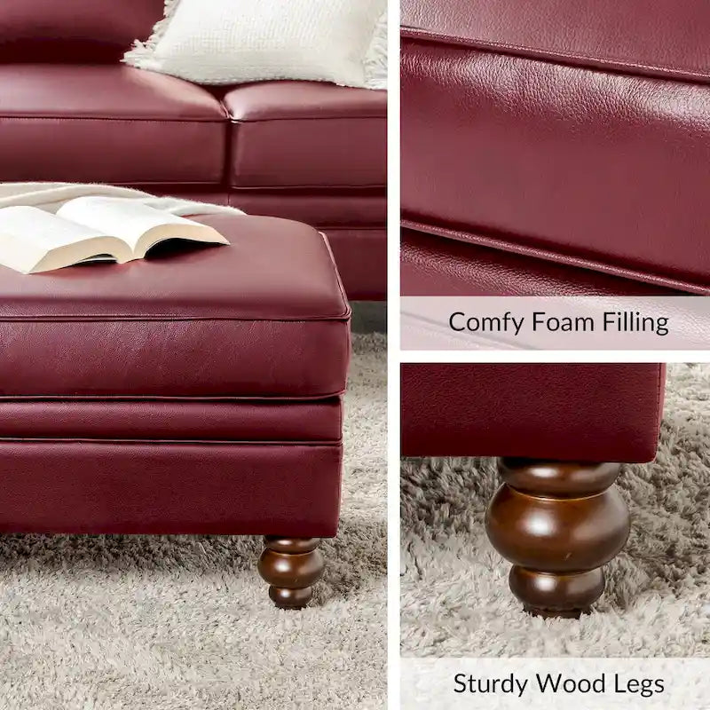 Mid-Century Modern Genuine Leather Ottoman - Water Resistant