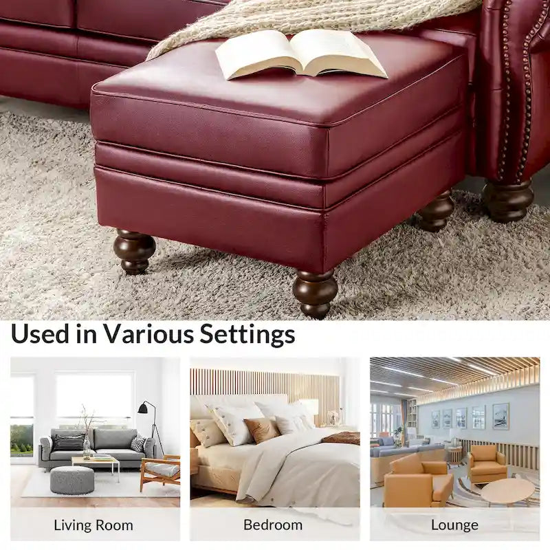 Mid-Century Modern Genuine Leather Ottoman - Water Resistant