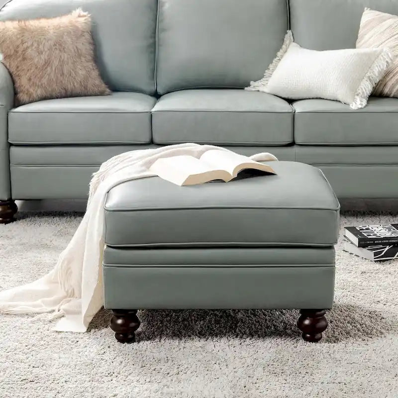 Mid-Century Modern Genuine Leather Ottoman - Water Resistant