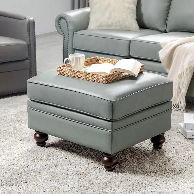Mid-Century Modern Genuine Leather Ottoman - Water Resistant