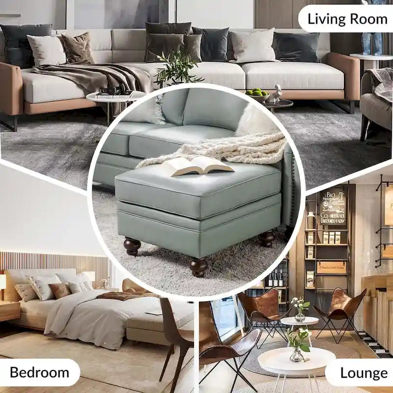 Mid-Century Modern Genuine Leather Ottoman - Water Resistant
