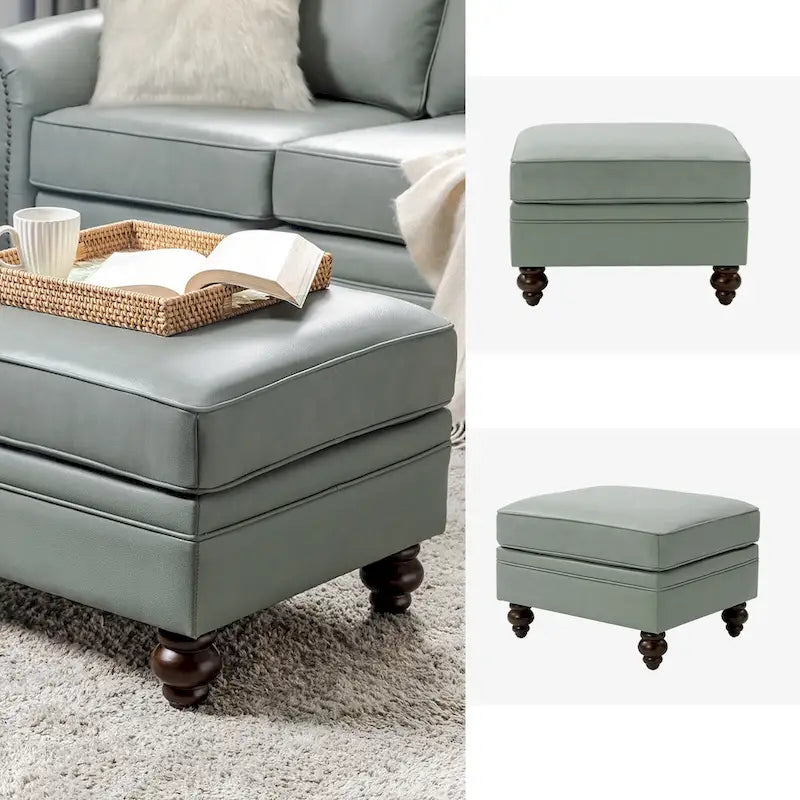Mid-Century Modern Genuine Leather Ottoman - Water Resistant