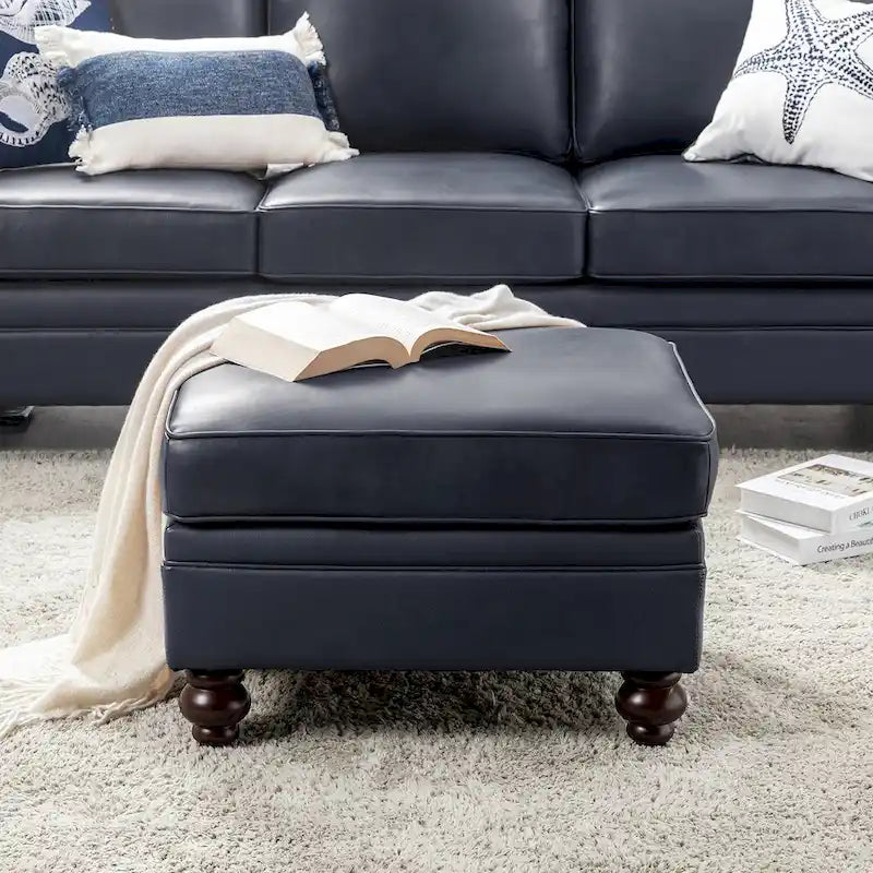 Mid-Century Modern Genuine Leather Ottoman - Water Resistant