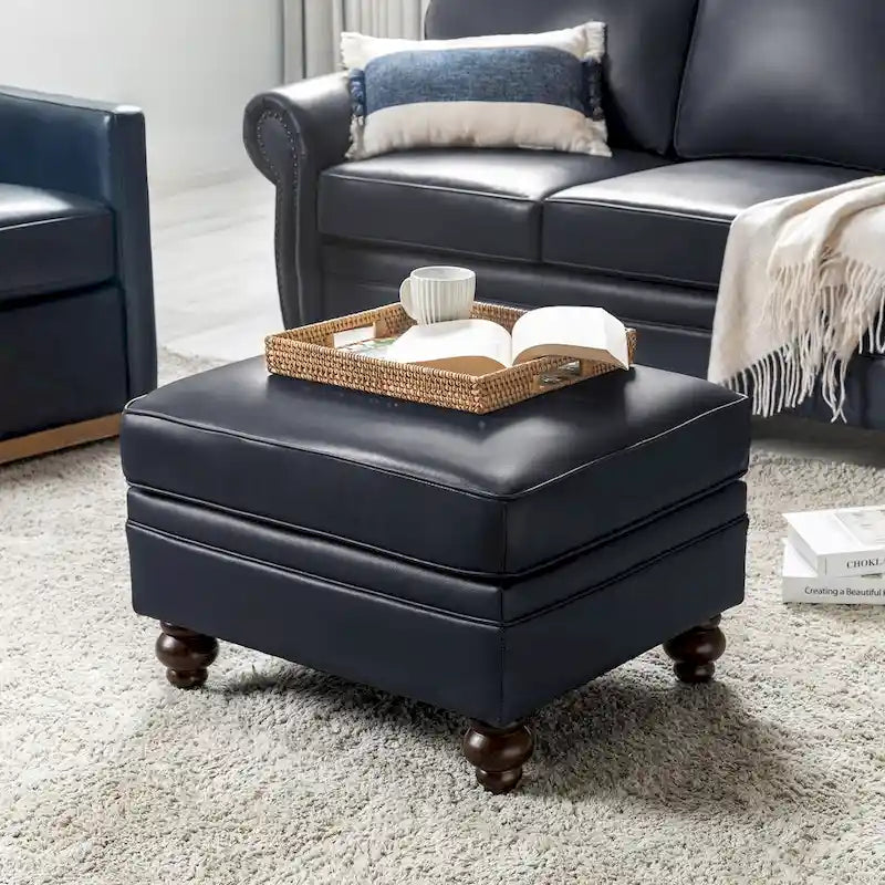 Mid-Century Modern Genuine Leather Ottoman - Water Resistant