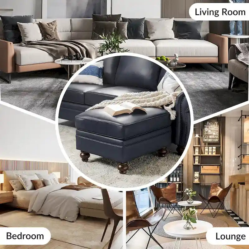 Mid-Century Modern Genuine Leather Ottoman - Water Resistant