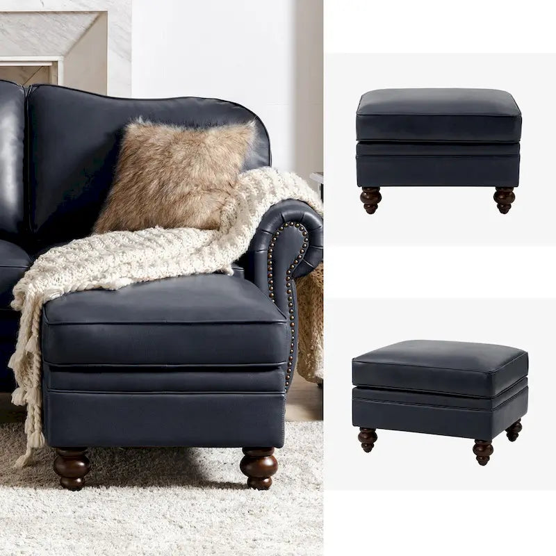 Mid-Century Modern Genuine Leather Ottoman - Water Resistant