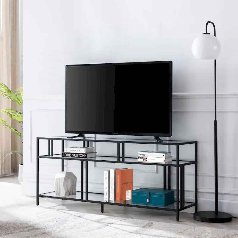 Industrial Steel Two-Tier TV Stand with Tempered Glass Shelves