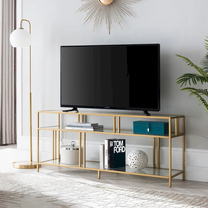 Industrial Steel Two-Tier TV Stand with Tempered Glass Shelves