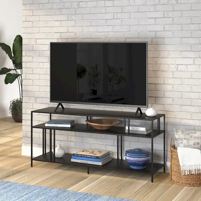 Industrial Steel Two-Tier TV Stand with Tempered Glass Shelves