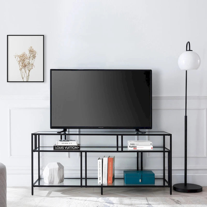 Industrial Steel Two-Tier TV Stand with Tempered Glass Shelves