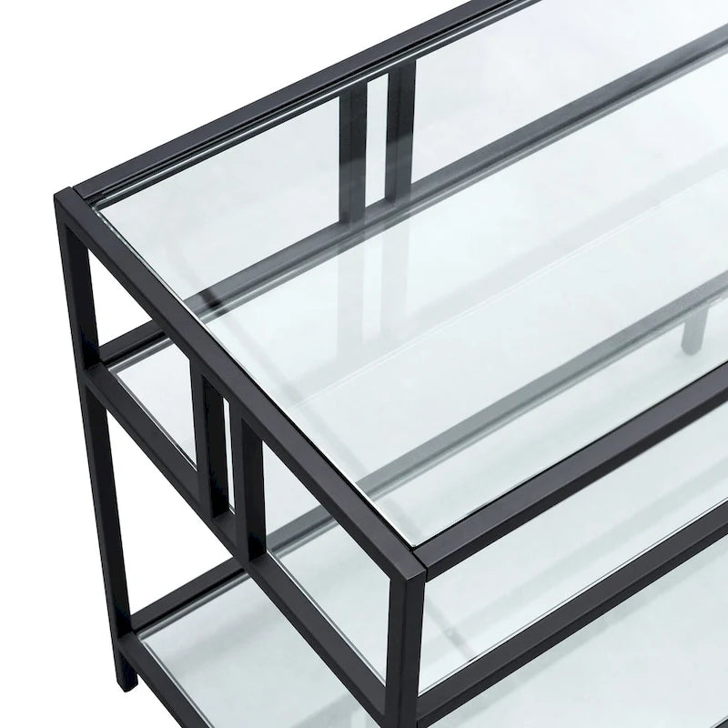 Industrial Steel Two-Tier TV Stand with Tempered Glass Shelves