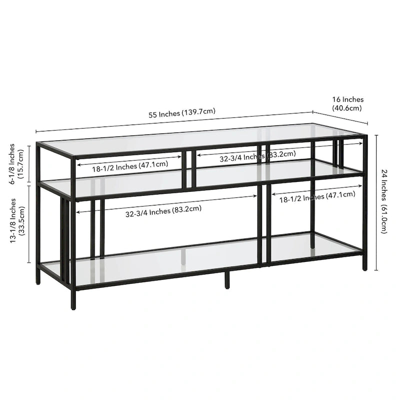 Industrial Steel Two-Tier TV Stand with Tempered Glass Shelves