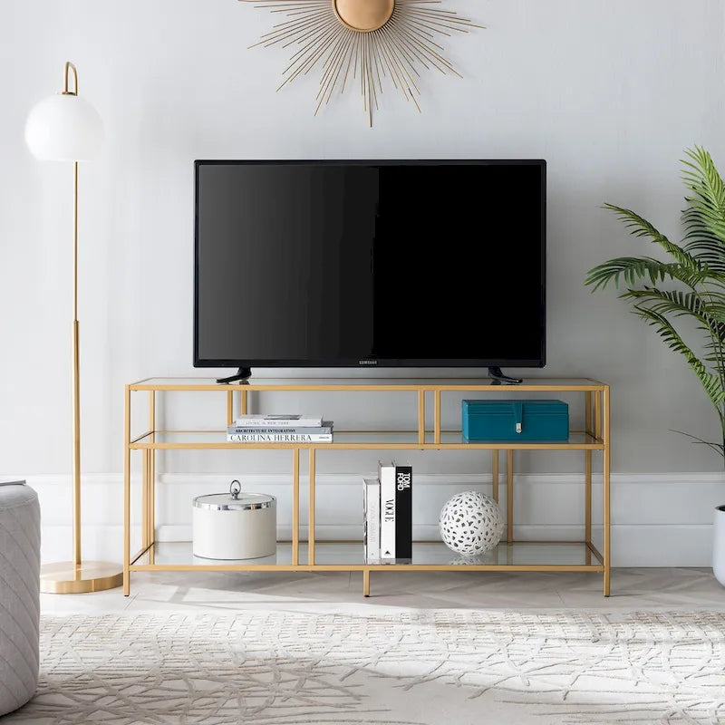 Industrial Steel Two-Tier TV Stand with Tempered Glass Shelves