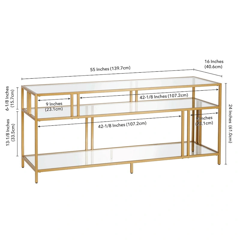 Industrial Steel Two-Tier TV Stand with Tempered Glass Shelves