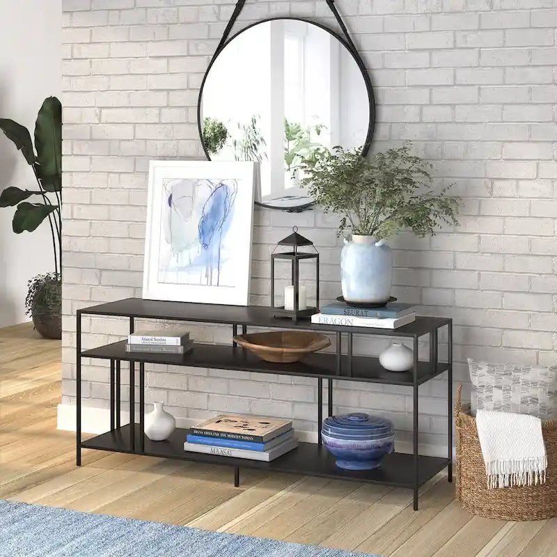 Industrial Steel Two-Tier TV Stand with Tempered Glass Shelves