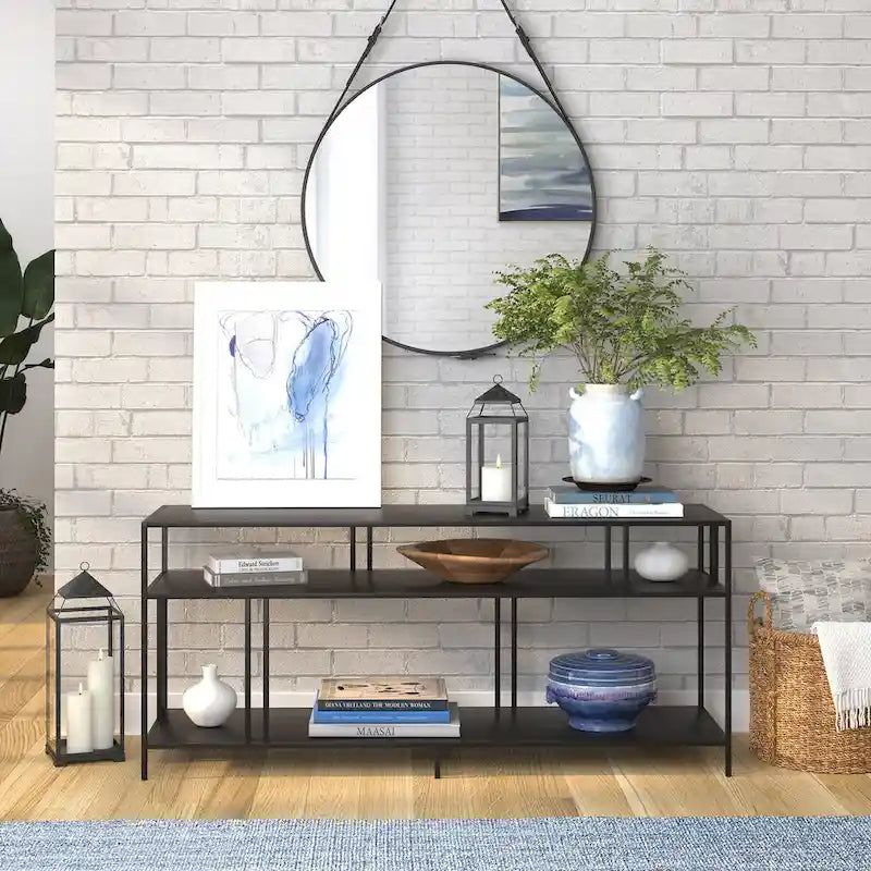 Industrial Steel Two-Tier TV Stand with Tempered Glass Shelves